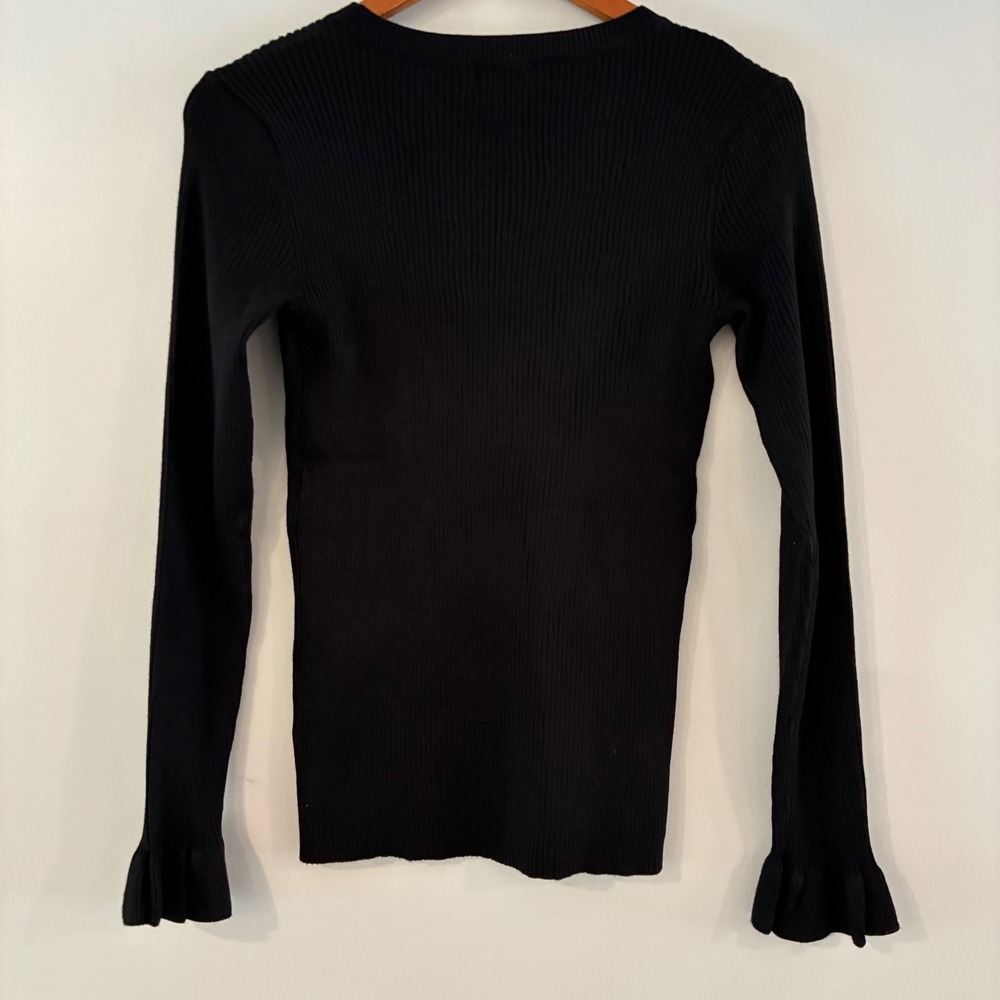 Tahari Ribbed Knit Sweater Wom M Ruffle Cuff Office Chic Coquette Quiet Luxury - Picture 4 of 9